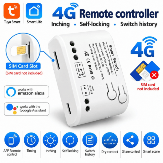 Module de controle a distance 4G LTE 1 sortie à Contact Sec application Tuya TYWRD-RF