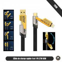 Câble de charge rapide 4 en 1 PD 27W 65W, USB A type-c, connecteur double tête Câble de charge rapide 4 en 1 PD 27W 65W, USB A type-c, connecteur double tête