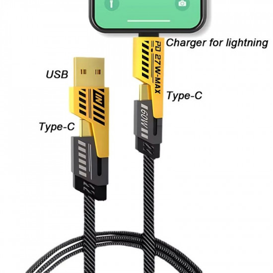 Câble de charge rapide 4 en 1 PD 27W 65W, USB A type-c, connecteur double tête Câble de charge rapide 4 en 1 PD 27W 65W, USB A type-c, connecteur double tête