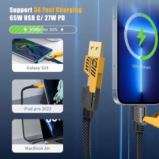 Câble de charge rapide 4 en 1 PD 27W 65W, USB A type-c, connecteur double tête Câble de charge rapide 4 en 1 PD 27W 65W, USB A type-c, connecteur double tête