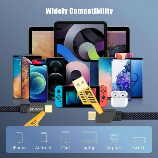 Câble de charge rapide 4 en 1 PD 27W 65W, USB A type-c, connecteur double tête Câble de charge rapide 4 en 1 PD 27W 65W, USB A type-c, connecteur double tête