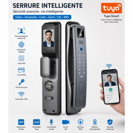 Serrure intelligente  Smart Lock A6 Pro Max Tuya WiFi avec caméra , carte et empreintes digitales 3D