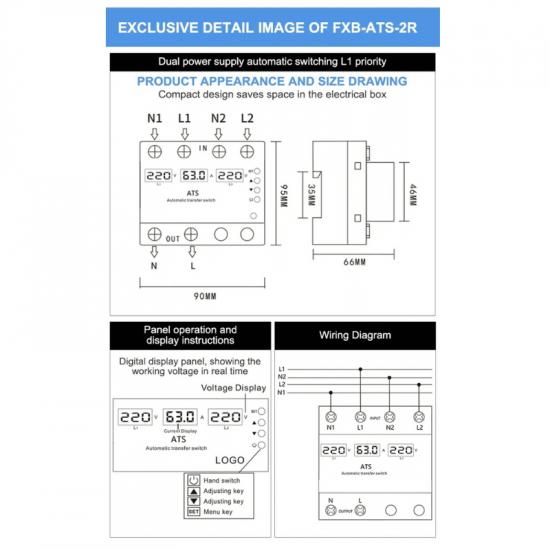 Sélecteur de phase inverseur de source automatique sur  ATS 100A VaneAims  avec protection sur-tension et sous-tension