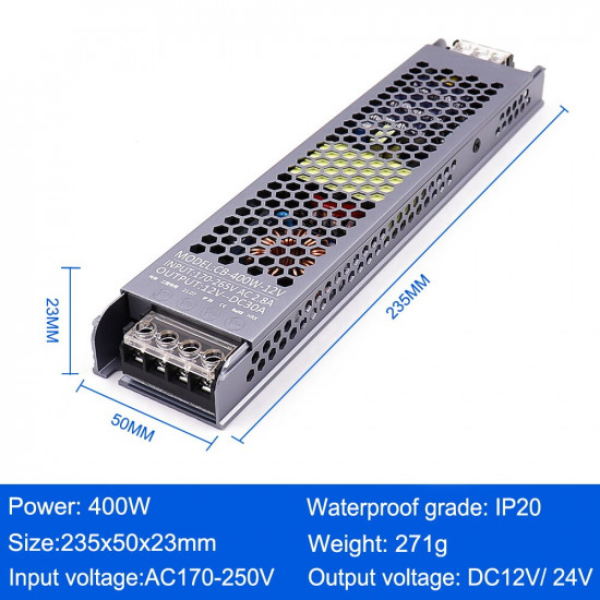 Power supply 12V 33.3A 400W aluminum cage IP20