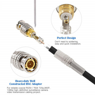 Connecteur BNC Mâle à Visser Pour Câble Coaxial RG59/RG6 - Compatible Caméra CCTV, Couleur Gris Métal