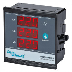 Digital Three Phase Voltmeter, Shows Phase Sequence, Slim Compact, LED Panel Meter Samwha-Dsp SDM-V96T