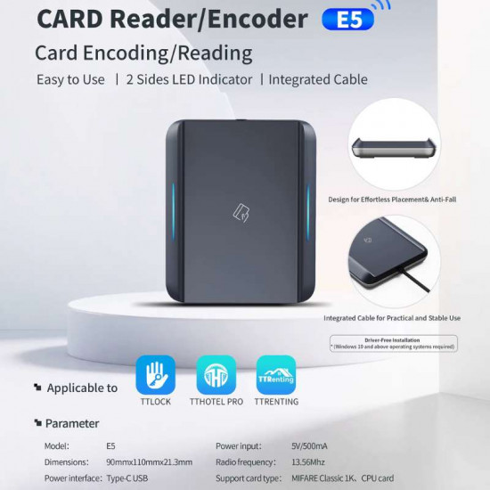 Encodeur de cartes E5 TThotel NFC MIFARE 13.56Mhz M1 Lecteur de cartes USB Ttlock
