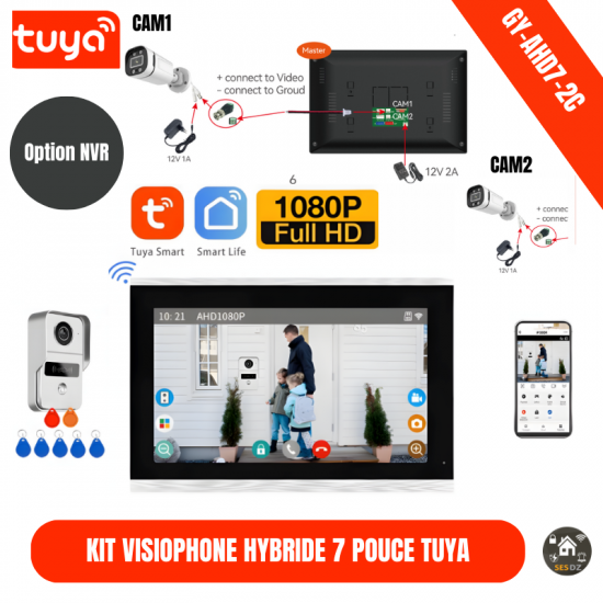 Tuya Video Doorbell with 7" Smart Monitor and Door Access Control with NVR Option GY-AHD7-2C White Tuya Video Doorbell with 7" Smart Monitor and Door Access Control with NVR Option GY-AHD7-2C White