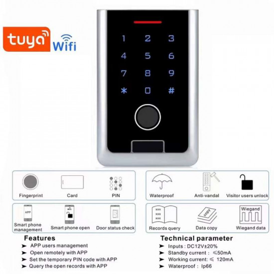 clavier de contrôle d'accès par empreinte digitale Tuya Wifi MIFARE HF10-MF  , Digicode étanche en métal