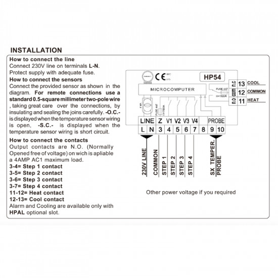 Contrôleur de ventilation et de température SAMHUA-DSP HP-54 à 4 niveaux avec capteur NTC 