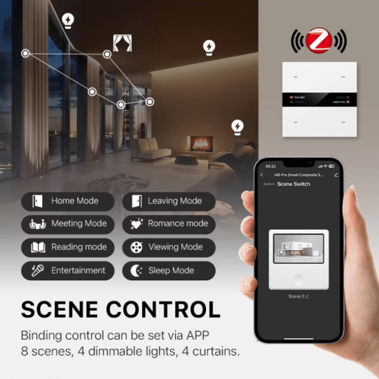 Interrupteur de scène Murale 4 boutons Zigbee tuya avec afficheur T50