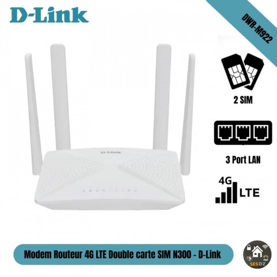 Modem Routeur 4G LTE Double carte SIM N300 – D-Link DWR-M922 Modem Routeur 4G LTE Double carte SIM N300 – D-Link DWR-M922