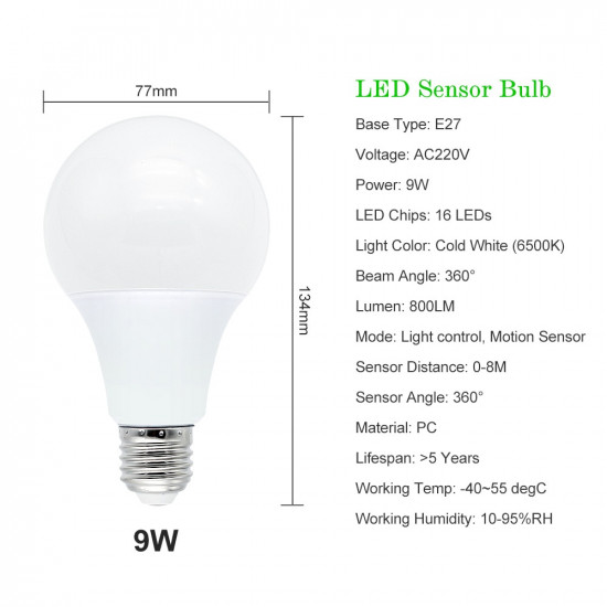 PIR Motion Sensor LED Bulb ctorch E27 220V Radar Sensor 9W PIR Motion Sensor LED Bulb ctorch E27 220V Radar Sensor 9W