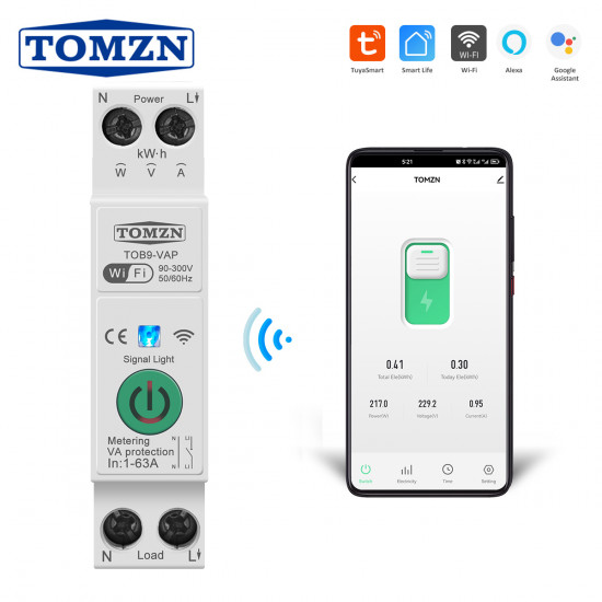 TUYA MCB smart circuit breaker, 32A protection and power measurement TOMZN TOB9-VAP-32 TUYA MCB smart circuit breaker, 32A protection and power measurement TOMZN TOB9-VAP-32