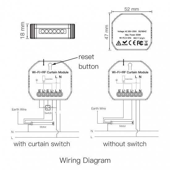 Commutateur de rideau intelligent WIFI+RF, pour moteur de volet roulant électrique Tuya