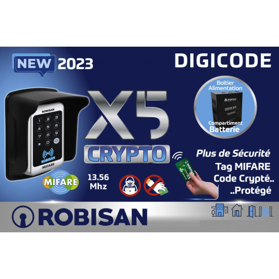 Kit control d'acces tecnologie mifare crypto avec Tag epoxy non copiable ROBISN X5CRYPTO-Bis ( Avec compartiement Batterie )