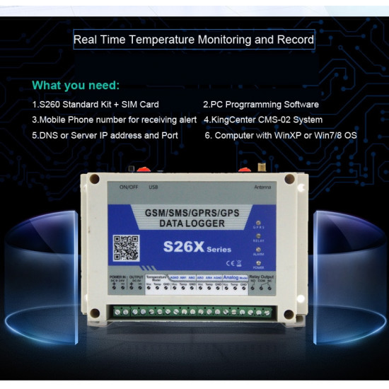 Système d'alarme de température sans fil GSM GPRS 4 entrées analogiques 1 sortie relais numérique S262