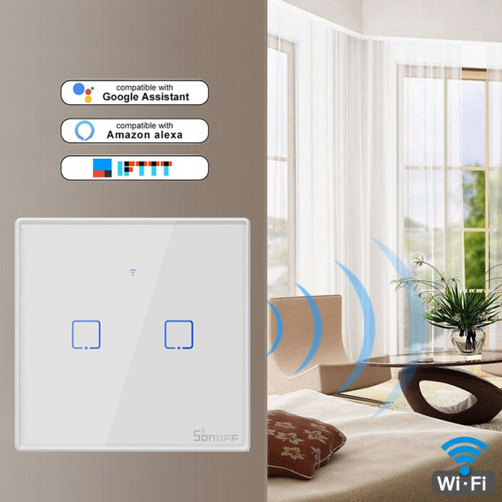 Sonoff T2 EU 2 Gang Smart Wifi Switch Smart Home Remote Control RF Wall Touch Light Switch Works with Alexa Google Home