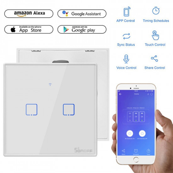 Sonoff T2 EU 2 Gang Smart Wifi Switch Smart Home Remote Control RF Wall Touch Light Switch Works with Alexa Google Home Sonoff T2 EU 2 Gang Smart Wifi Switch Smart Home Remote Control RF Wall Touch Light Switch Works with Alexa Google Home