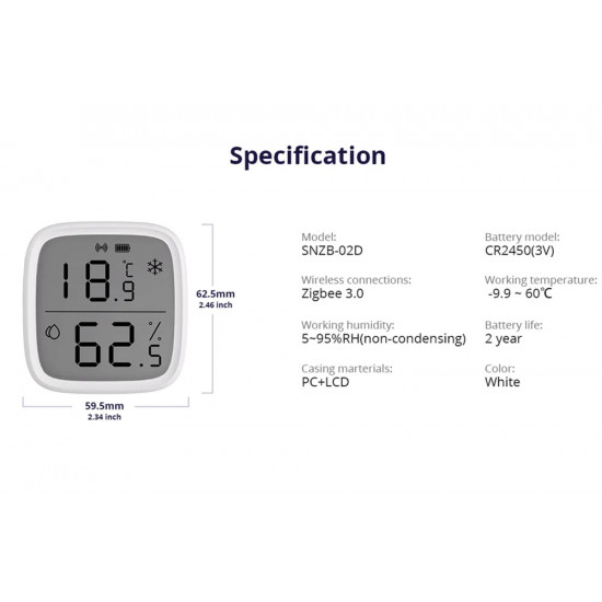 Capteur de température et humidité SONOFF SNZB-02D Zigbee avec écran LCD