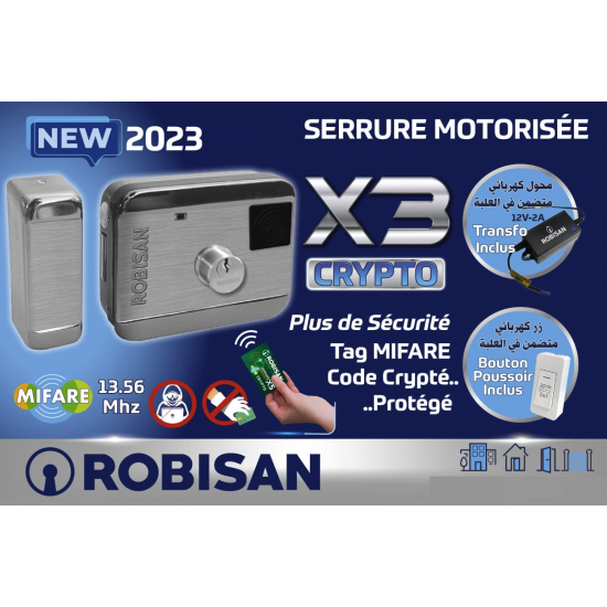 Serrure Motorisé ROBISAN X3-CRYPTO Avec Lecteur de Carte intégré , alimentation et Boutons EXIT 