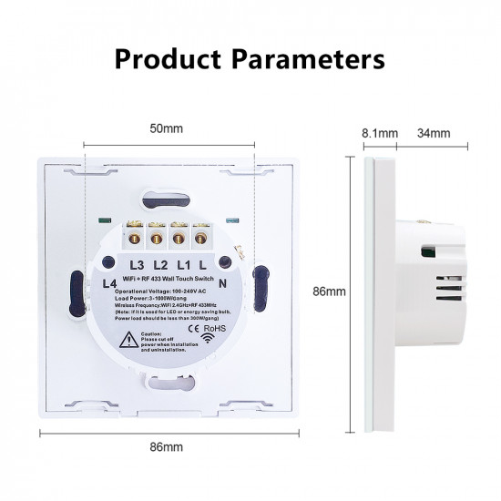 Interrupteur de lumière intelligent Tactile Sans et avec neutre 4-Voies Blanc tuya