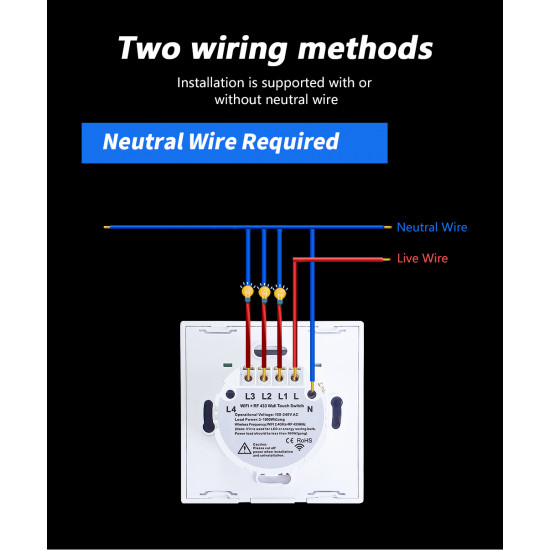 Interrupteur de lumière intelligent Tactile Sans et avec neutre 4-Voies Blanc tuya