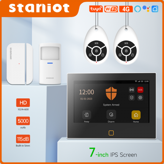 système d'alarme de sécurité domestique intelligent HD sans fil  wi-fi GSM Sirène intégrée de 115db et batterie de 5000mAh STANIOT 7"