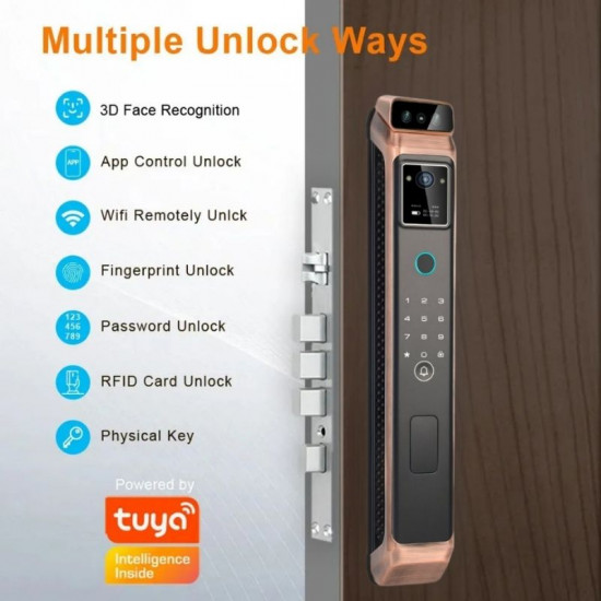 Serrure intélligente T10 cooper biométrique avec caméra Pour porte extérieure Tuya empreintes digitale , code , faciale et carte ic et 