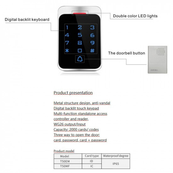 Metal Waterproof 125KHz RFID Touch Screen Keypad Standalone Access Controller Touch screen Door Lock SystemT50 Metal Waterproof 125KHz RFID Touch Screen Keypad Standalone Access Controller Touch screen Door Lock SystemT50