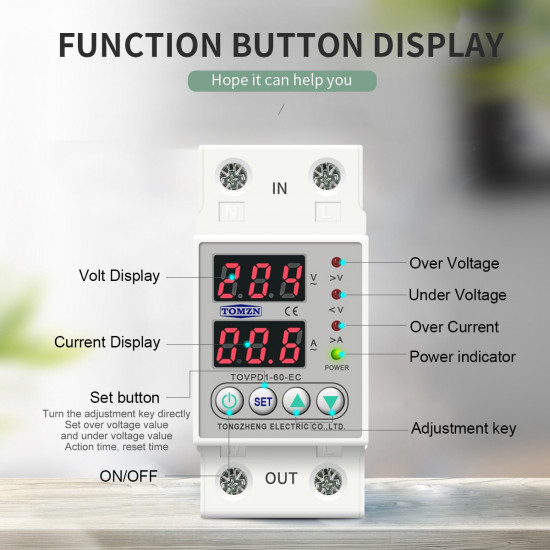 Din Rail Dual Display Adjustable Over Voltage Current and Under Voltage Protective Device Protector Relay 63A 230V
