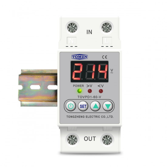 Din rail voltage display relay ON/OFF adjustable over under voltage proteciotn device automatic reconnect protector 63A TOMZN TOVPD1-60-V