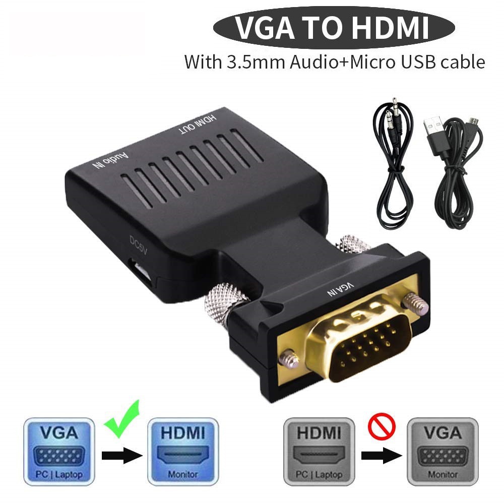 Excuty Adaptateur VGA vers HDMI 1080P vidéo Audio Convertisseur VGA à HDMI Sortie Câble Transmission Audio Compatible avec PC,Notebook pour HDTV Projecteur Moniteur avec USB dalimentation Câble Noir 