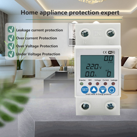 TUYA APP WiFi Smart Circuit Earth Leakage Over Under Voltage Protector Relay Device Switch Breaker Energy Power kWh Meter 2P 63A TUYA APP WiFi Smart Circuit Earth Leakage Over Under Voltage Protector Relay Device Switch Breaker Energy Power kWh Meter 2P 63A