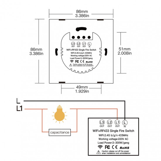 Interrupteur d'éclairage 3 voie intelligent WiFi RF433 sans fil neutre application tuya 