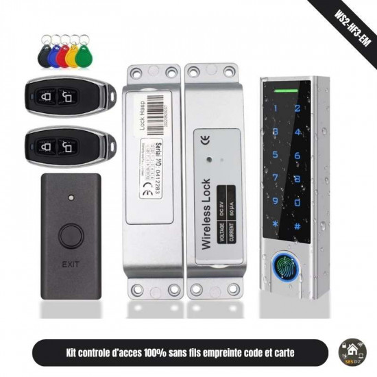 Kit de contrôle d'accès sans fil WS2-HF3-EM RF433 avec batterie intégrée RFID biométrique avec serrure a piston et exit bouton