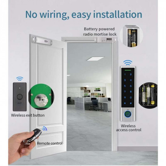 Kit de contrôle d'accès sans fil WS2-HF3-EM RF433 avec batterie intégrée RFID biométrique avec serrure a piston et exit bouton