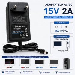 Adaptateur secteur VAUXTEK 15V 2A – Alimentation pour visiophone