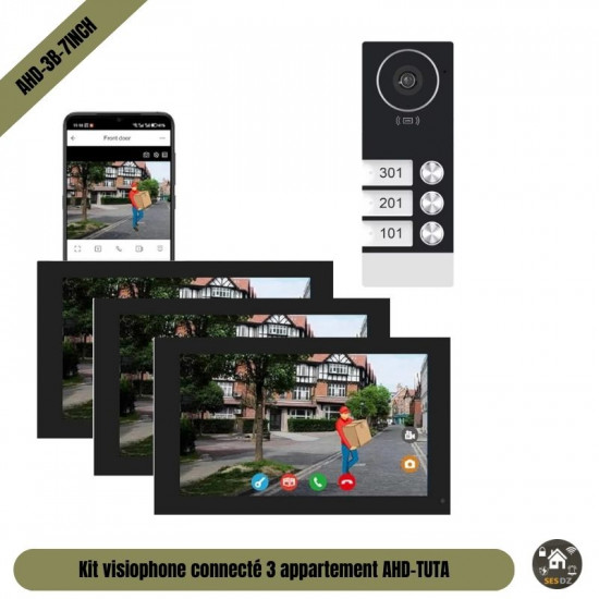Kit Visiophone 3 Boutons Pour 3 étages avec 3 Écrans 7" AHD-Tuya 