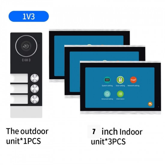 Kit Visiophone 3 Boutons Pour 3 étages avec 3 Écrans 7" AHD-Tuya 