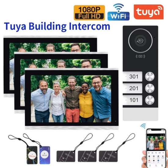 Kit Visiophone 3 Boutons Pour 3 étages avec 3 Écrans 7" AHD-Tuya 