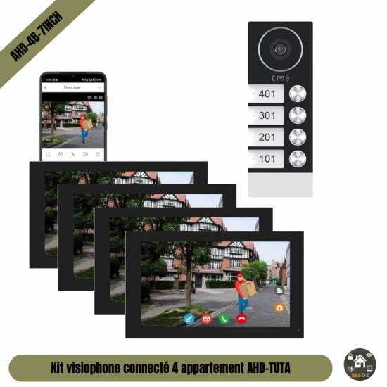 Kit Visiophone 4 Boutons Pour 4 étages avec 4 Écrans 7" AHD-Tuya 