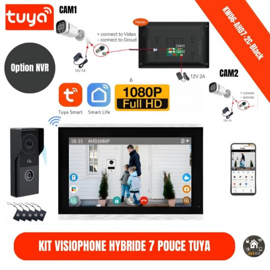 Tuya Video Doorbell with 7" Smart Monitor and Door Access Control with NVR Option KW06-AHD7-2C Black Tuya Video Doorbell with 7" Smart Monitor and Door Access Control with NVR Option KW06-AHD7-2C Black