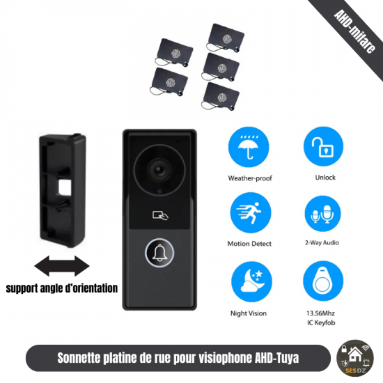 Platine de Rue sonnette visiophone AHD-Tuya Noir avec Lecteur carte mifare intégré