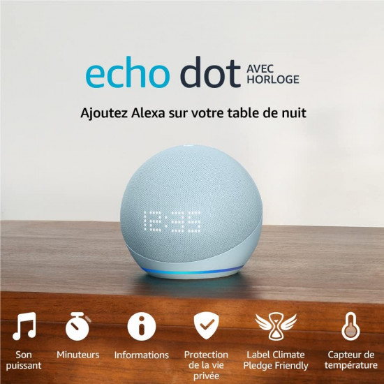 Assistant vocal Amazon Alexa Echo Dot 5 ( année 2022 ) avec horloge Bleu Gris