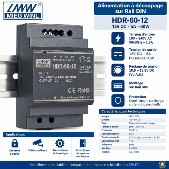 Alimentation à découpage sur Rail Din 12V 5A  alimentation 60W  MIEG WINL HDR 60-12