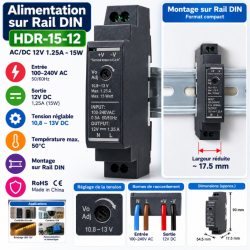 Alimentation à Découpage sur Rail DIN 12V 1,25A – 15W – HDR-15-12
