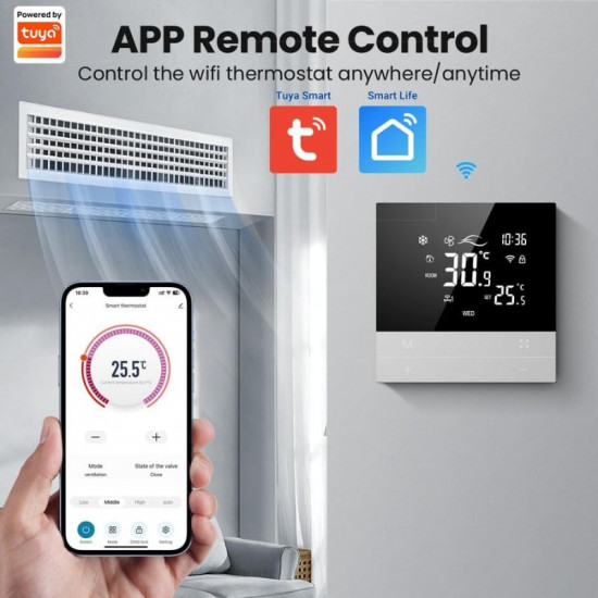 Thermostat intelligent AVATTO WT300 Tuya Wifi 4 tuyaux pour ventilo-convecteur, compatible avec Alexa et Google Home pour le chauffage et la climatisation CVC