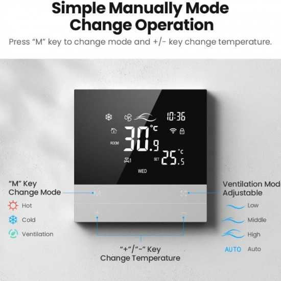 Thermostat intelligent AVATTO WT300 Tuya Wifi 4 tuyaux pour ventilo-convecteur, compatible avec Alexa et Google Home pour le chauffage et la climatisation CVC