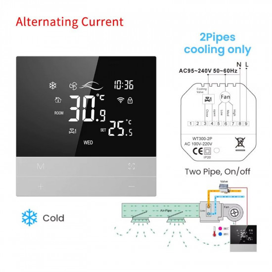 Thermostat intelligent AVATTO WT300 Tuya Wifi 2 tuyaux pour ventilo-convecteur, compatible avec Alexa et Google Home pour le chauffage et la climatisation CVC